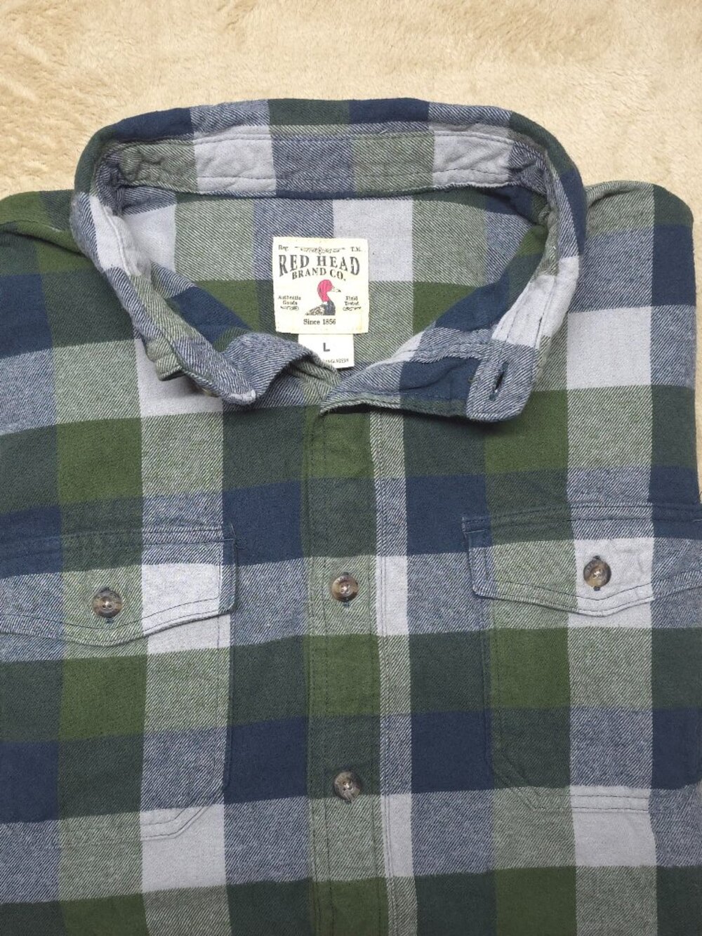 RedHead Men's L Green Blue Plaid 100% Cotton Flannel Button Up Shirt
